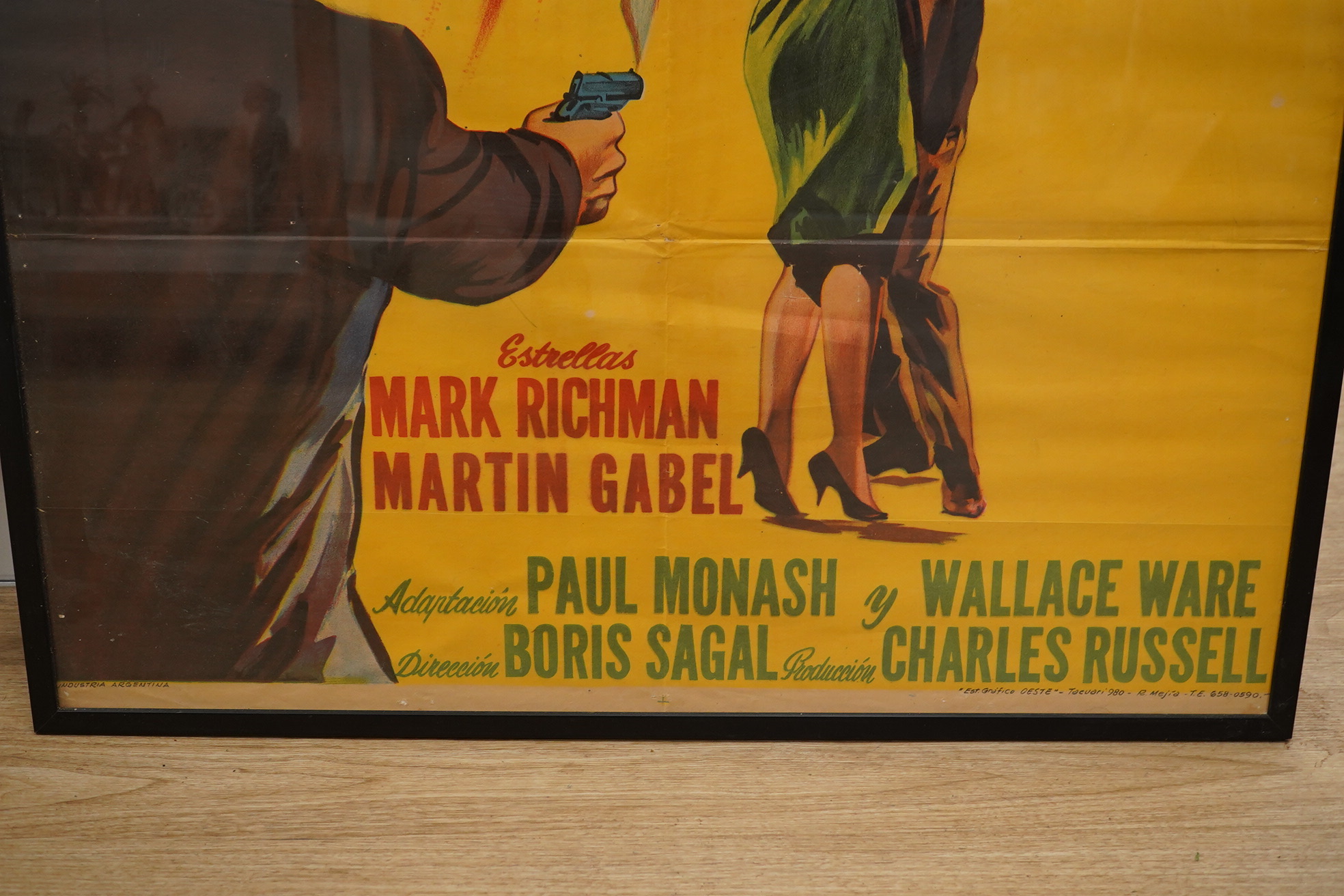 An Argentinian framed 1960s film poster for Las Dos Caras de Cain (The Crimebusters), 1962. Condition - fair to good